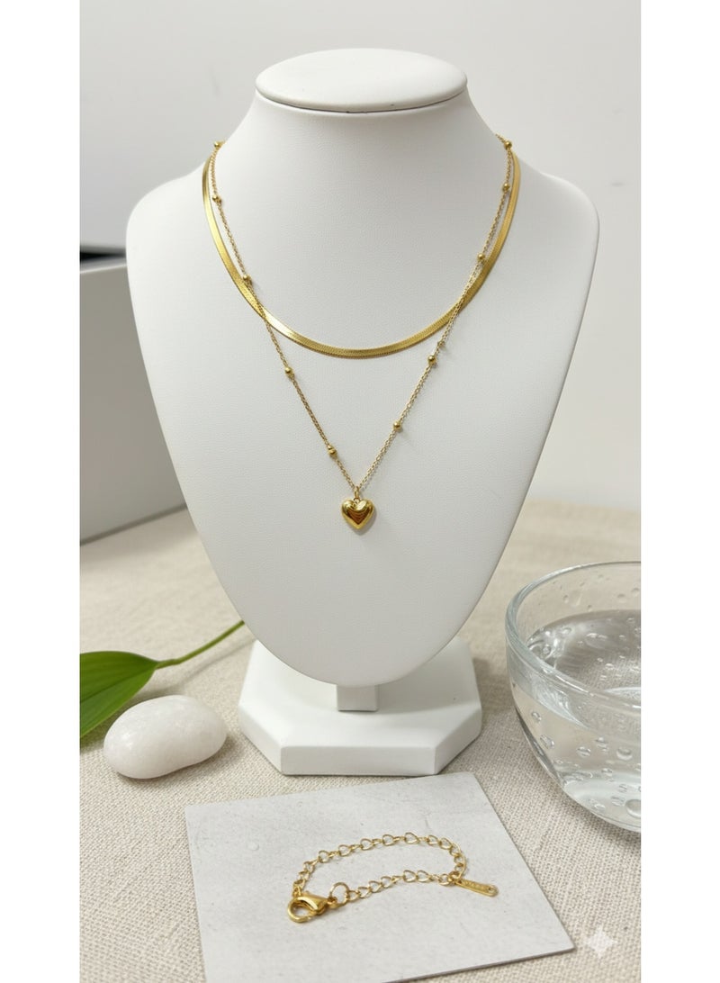 ورد قلادة "دبل لاير" ذهبية بقلادة قلب رقيقة - ستانلس ستيل عالي الجودة - اكسسوار عصري للنساء. - Image 2